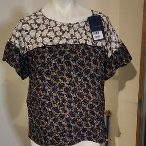 Piazza Sempione Hobo Chic Silk Black Brown and White Floral Blouse Size 42